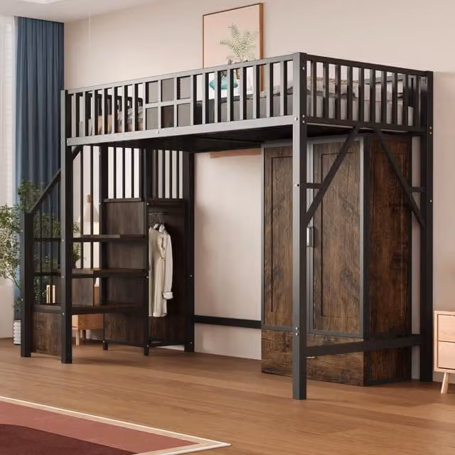 Letto a soppalco 90x200 cm con armadio; cassetti e scala portaoggetti in metallo e legno nero
