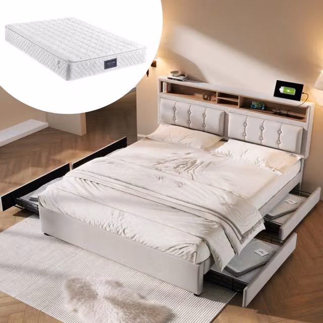 Letto matrimoniale 140x200 cm con 4 cassetti, testiera regolabile in altezza, poltrona imbottita, rete in legno e caricatore USB-C integrato
