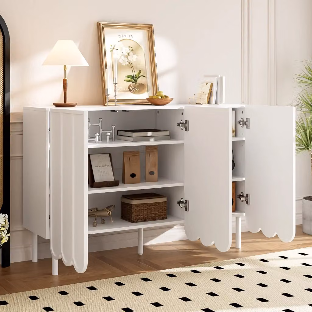 Credenza moderna con ante ondulate e ripiani regolabili in MDF bianco per soggiorno, sala da pranzo o ufficio, L: 120 cm, P: 35 cm, H: 80 cm – 2