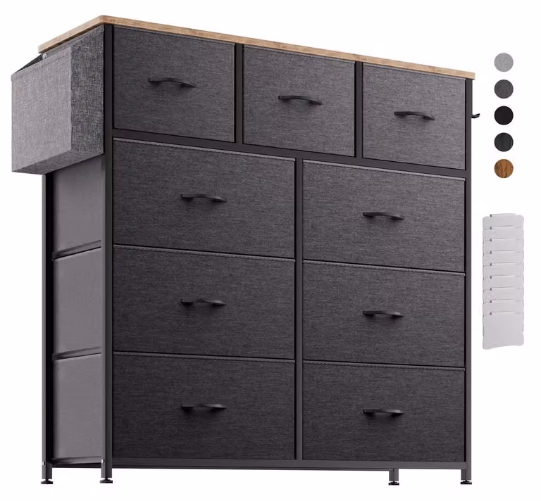 Comodino in tessuto con 9 cassetti, colore grigio scuro, dimensioni 100x100x30 cm