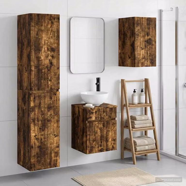 Set di mobili per il bagno vidaXL 3 pezzi in legno marrone, composto da armadietto con specchio, pensile e colonna, L/P/H: 33 x 34,5 x 160 cm