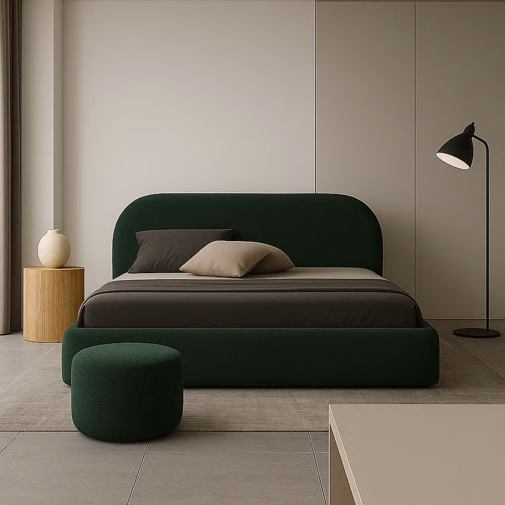 Letto imbottito moderno Sofello 90-200x200 con testiera arrotondata, MOON Verde Scuro, 90x200, base a doghe in metallo, tessuto bouclé Teddy di alta qualit?, letto e vano contenitore