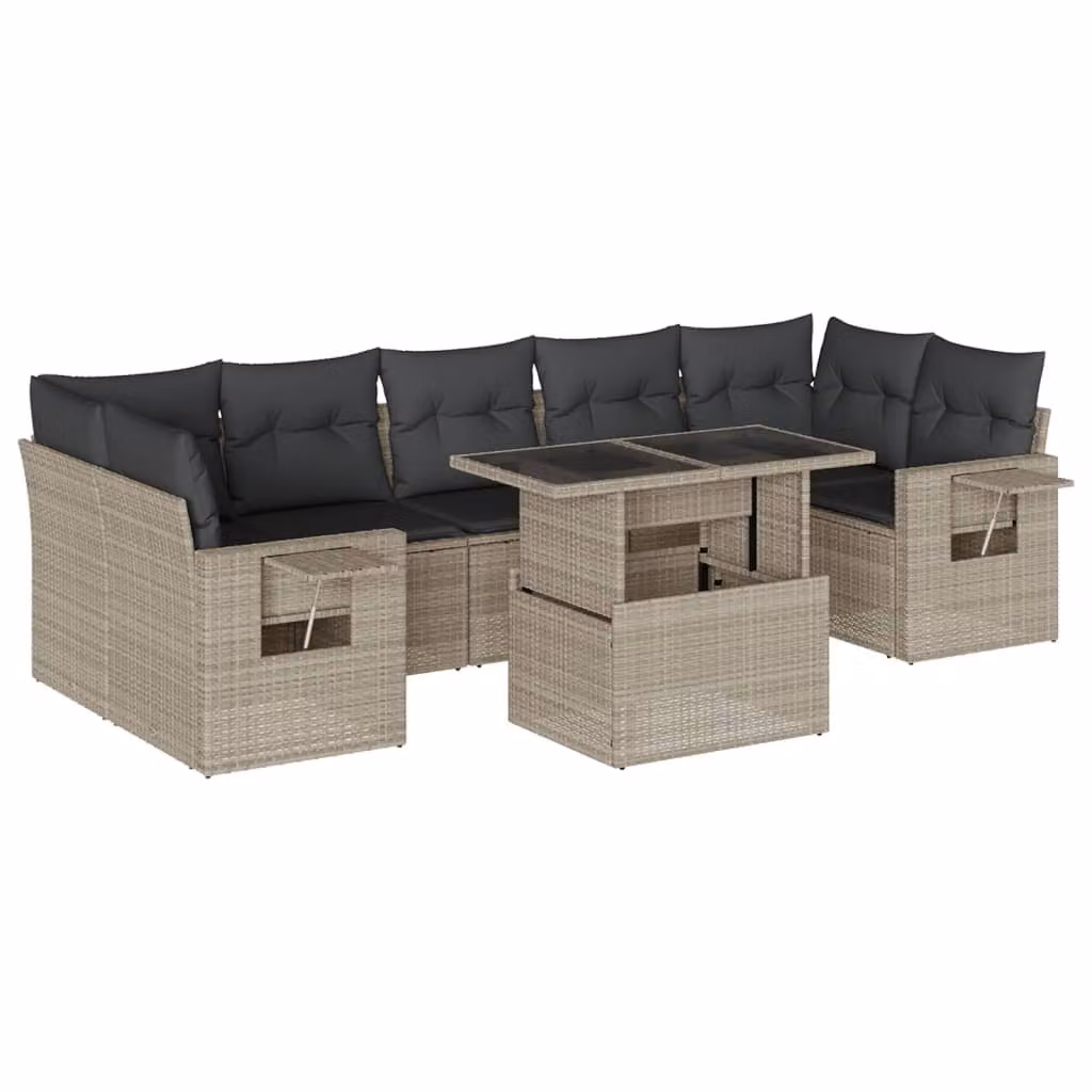 Set Divano da Giardino 8pz con Cuscini Grigio Chiaro Polyrattan