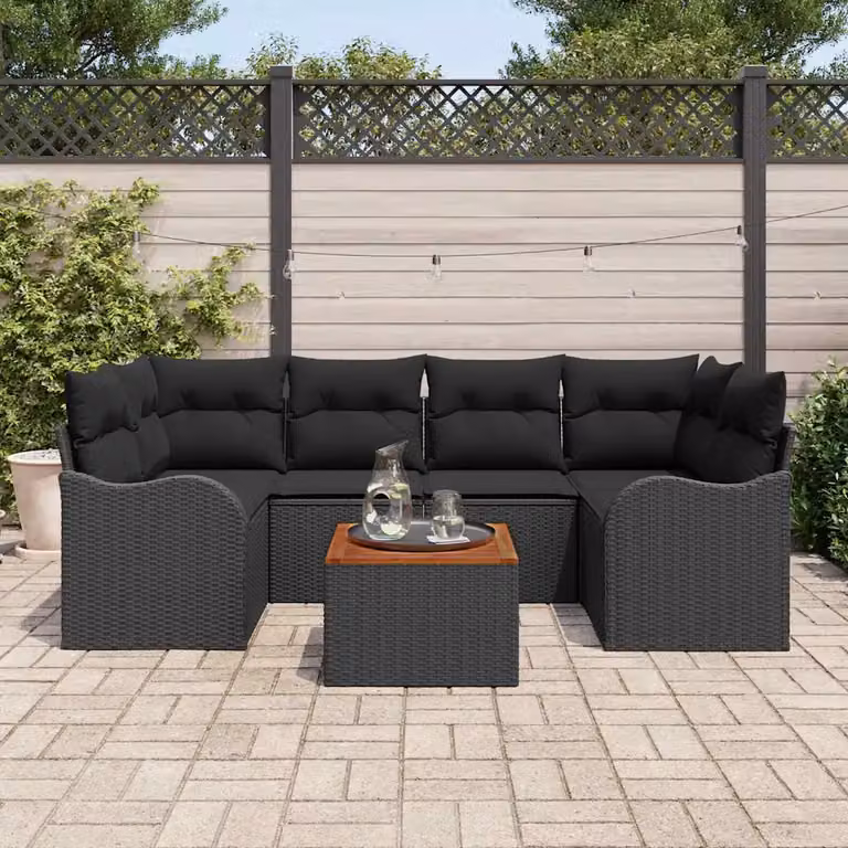 Set Divano da Giardino a L con Poltroncina e Tavolino vidaXL, 7 Pezzi, Nero con Cuscini e Contenitore per Archiviazione