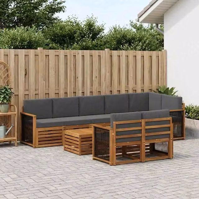 Set di divani da esterno a L vidaXL in legno di acacia con tavolo da caffè, colore marrone e antracite, composto da 8 pezzi con cuscini inclusi – 1