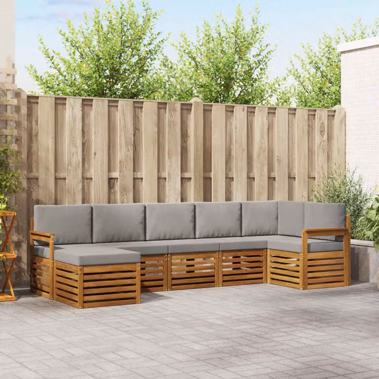 Set di divani da esterno vidaXL a forma di L composto da 7 pezzi in legno di acacia con cuscini grigi