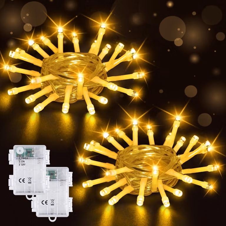 Set di 2 catene luminose a LED, lunghezza 2 metri, 20 LED, luce bianco caldo, grado di protezione IP65, con timer