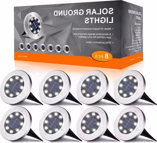 Serie di luci da esterno a energia solare - fino a 8 ore di autonomia - batteria da 600 mAh - impermeabili e resistenti - 8 faretti a LED - luci solari da sentiero - per giardino, prato, vialetto e terrazza - bianco - confezione da 8 pezzi