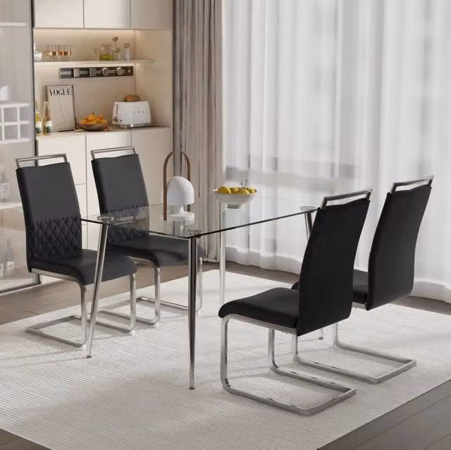 Sedia da pranzo ergonomica in metallo; schienale in PU e lino; nera