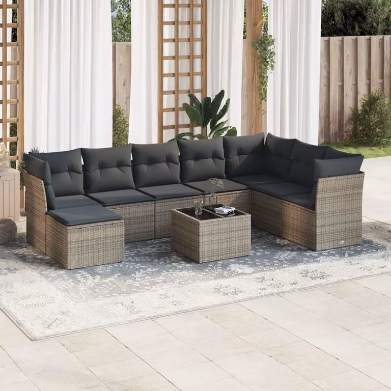 vidaXL Set Divano da Giardino a L 9 pz in Polyrattan Grigio con Cuscini e Tavolino