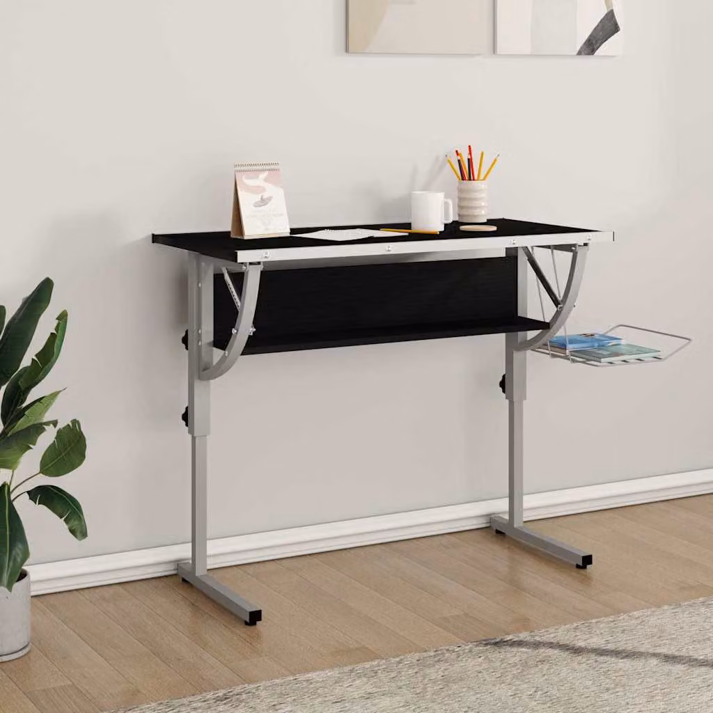 Scrivania da ufficio moderna vidaXL nera e grigia con piano inclinabile e altezza regolabile, L: 110 cm, P: 53 cm, H: 58-87 cm