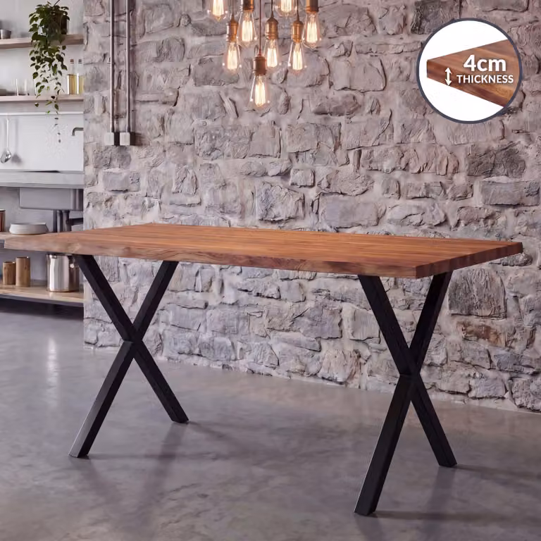 FineBuy Tavolo da pranzo 120 cm, rettangolare, in legno massello di acacia con bordo naturale, stile industriale. Tavolo da pranzo in legno massello, tavolo da cucina in legno massello con bordo naturale, struttura a X, colore nero