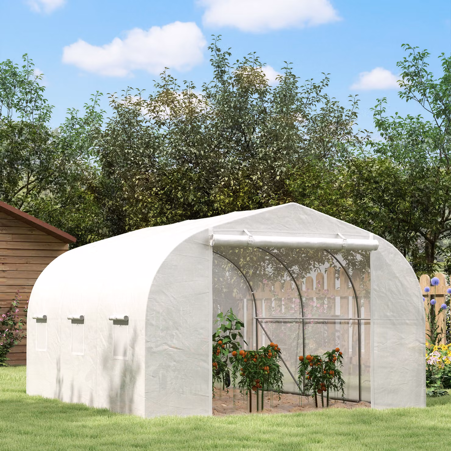 Serra da giardino Outsunny in acciaio galvanizzato e PE bianco con 6 finestre e porta a rullo, L: 350 cm, P: 300 cm, H: 200 cm – 2