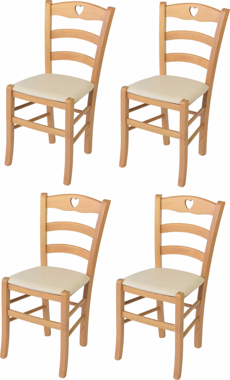 t m c s Tommychairs - Set di 4 sedie CUORE per cucina e sala da pranzo, Robusta struttura in legno di faggio laccato in colore naturale e sedile imbottito rivestito in Pelle finta in colore avorio