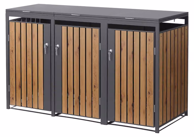 Contenitore per bidoni della spazzatura ML-Design, modello a 3 scomparti, per 3 bidoni da 240 litri, dimensioni 200x80x120 cm, finitura antracite effetto legno, acciaio, resistente agli agenti atmosferici/con chiusura a chiave