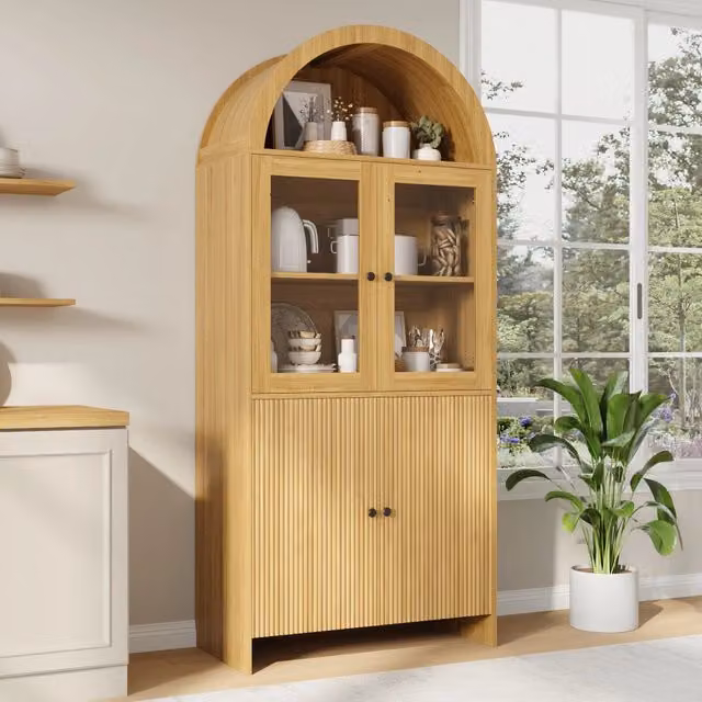 Cristalliera Mivray beige con ante in vetro e ripiani interni, design moderno per soggiorno o sala da pranzo, L: 78 cm, P: 40 cm, H: 176 cm