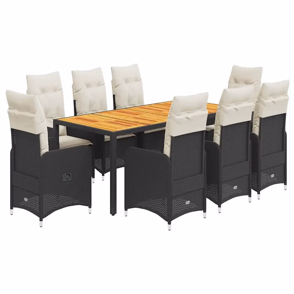 Set Bistrò da Giardino vidaXL in Polyrattan e Legno di Acacia Nero e Bianco con 9 Pezzi e Cuscini – 2