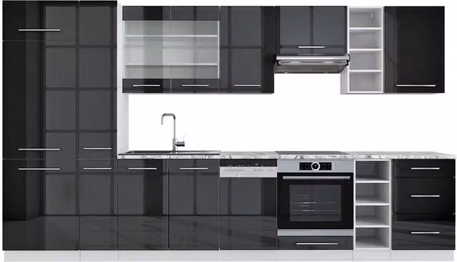 Cucina componibile moderna Fame-Line Vicco in antracite lucido e bianco con piano in marmo, L: 355 cm – 1