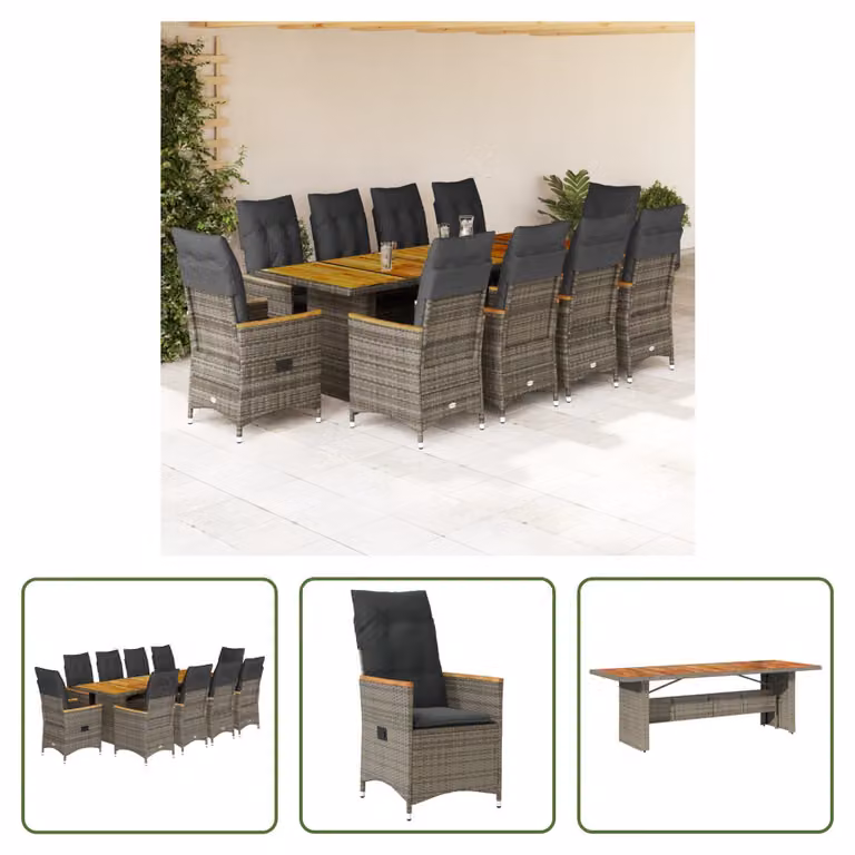 The Living Store Set bistrot da giardino 11 pezzi con cuscini in poly rattan grigio