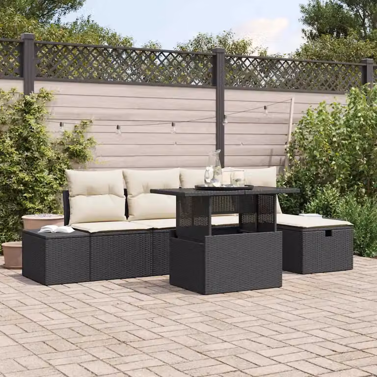 Set Divano da Giardino 6 pz vidaXL in Rattan con Cuscini, Colore Nero e Grigio