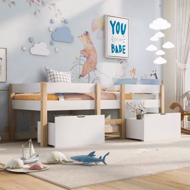 Letto per bambini Mivray in legno di pino bianco con cassetti, scala e barriera anticaduta, L/P: 190 x 90 cm