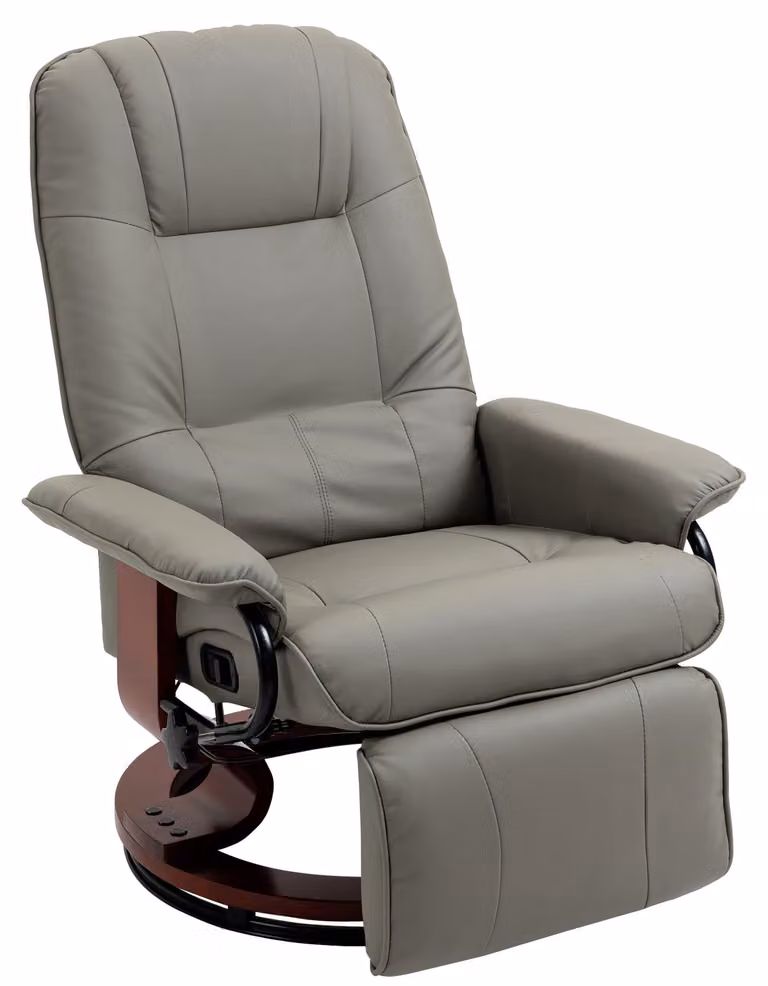 Poltrona reclinabile Moonbite con schienale regolabile manualmente fino a 145°, poltrona relax girevole a 360° con poggiapiedi e leva, base in legno, portata massima 120 kg, imbottitura in schiuma, colore grigio