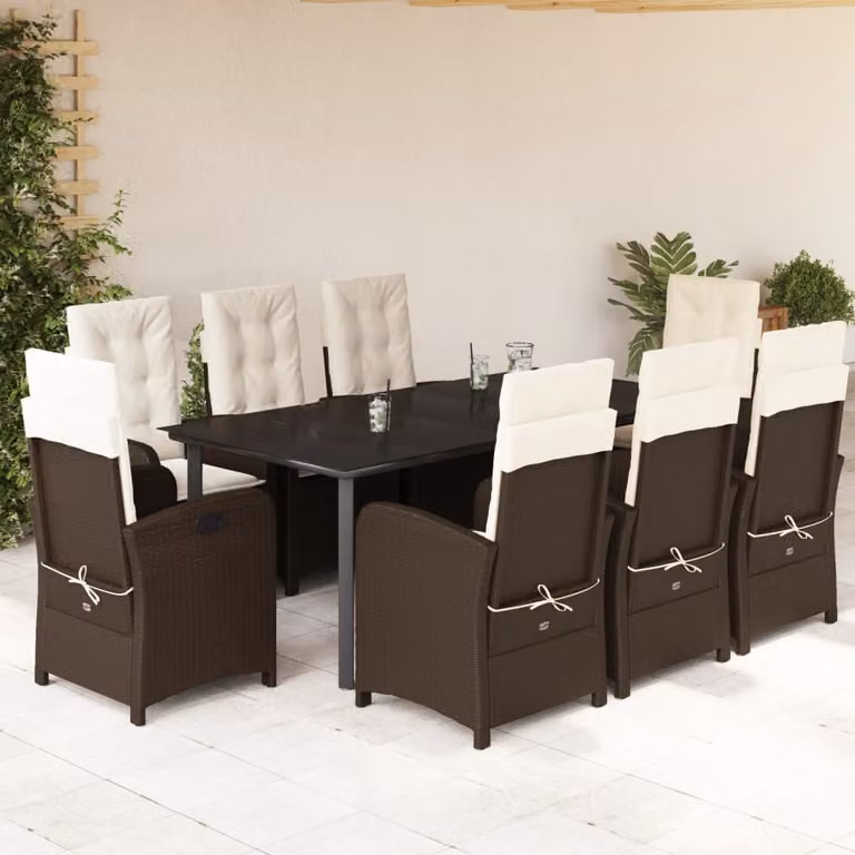 Set da Pranzo da Giardino vidaXL in Polyrattan Marrone con 9 Pezzi e Cuscini