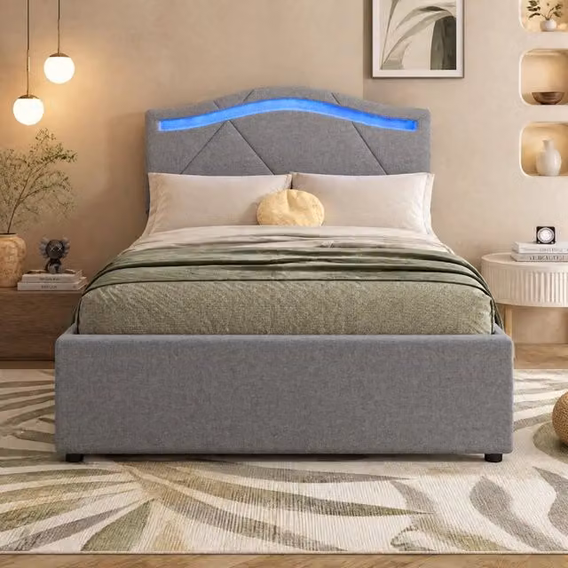 Letto Mivray con cassetti e illuminazione LED, rivestito in lino grigio, L/P: 90 x 200 cm