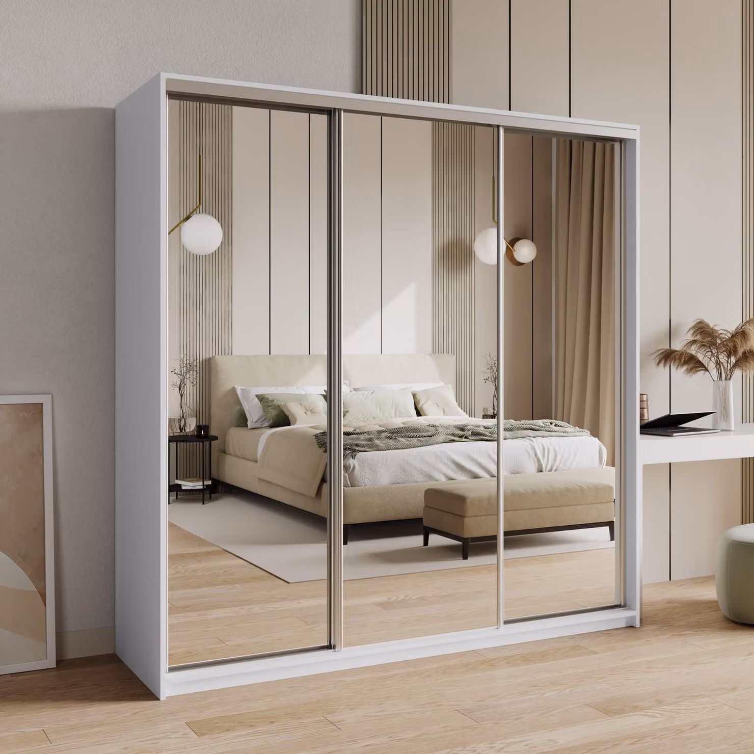Armadio scorrevole Masseno RIEN 180/205/60 cm Armadio con 4 cassetti Armadio per camera da letto a 3 ante con specchio Bianco
