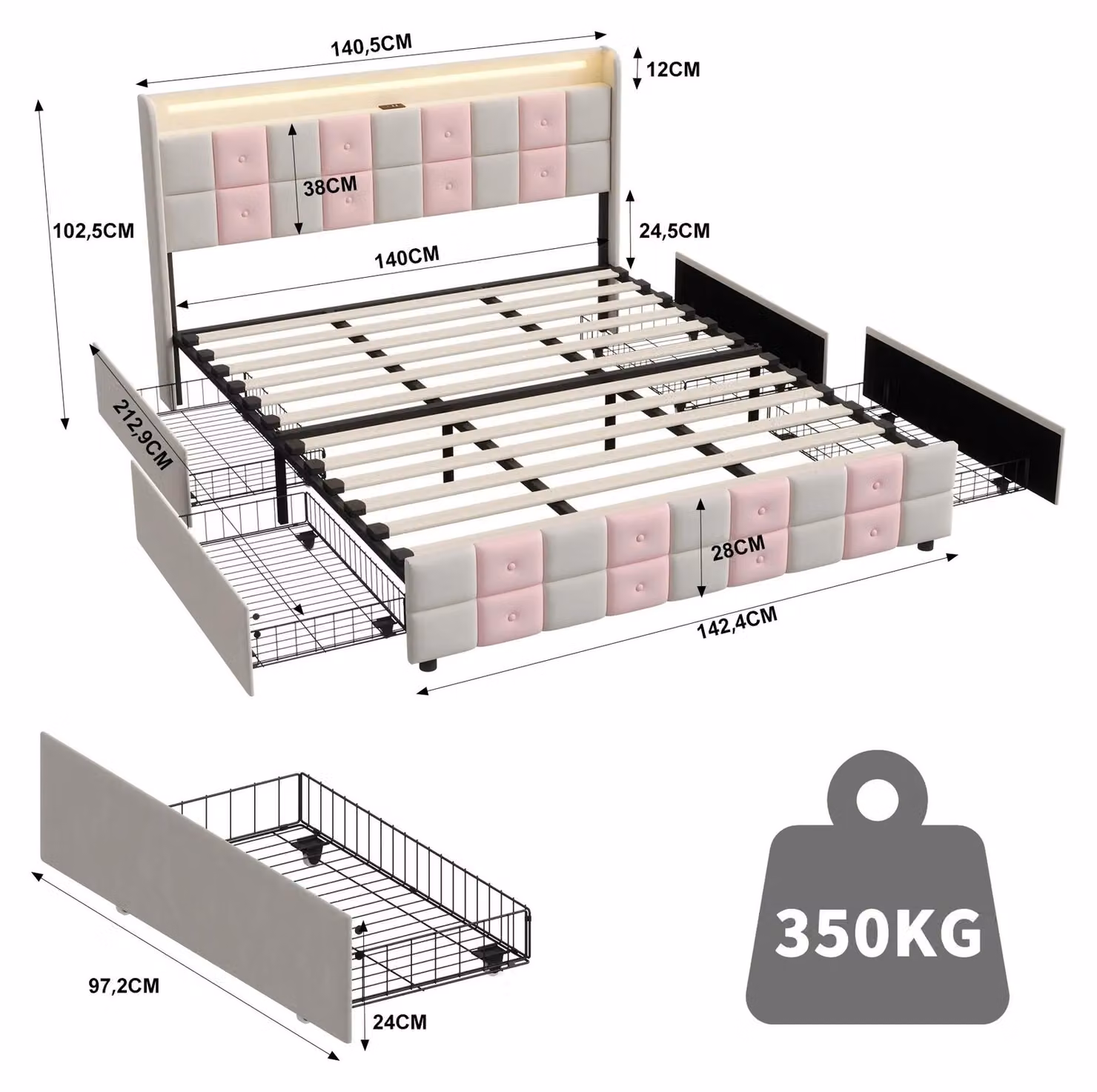 Letto imbottito - Letto matrimoniale 140 x 200 cm - 4 cassetti - Spazio contenitivo - Tessuto vellutato - Struttura a listelli - Bianco/Rosa