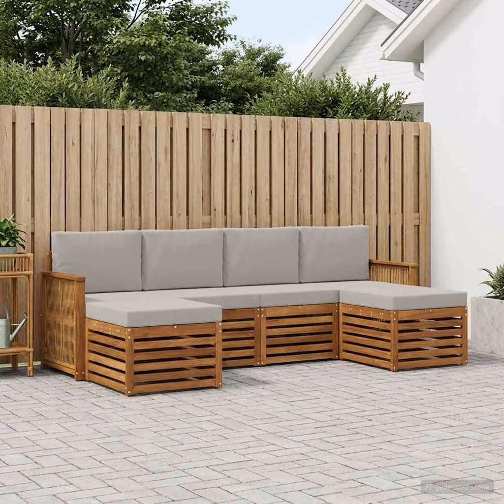 Set di divani da esterno vidaXL a forma di L in legno di acacia con cuscini, beige e grigio