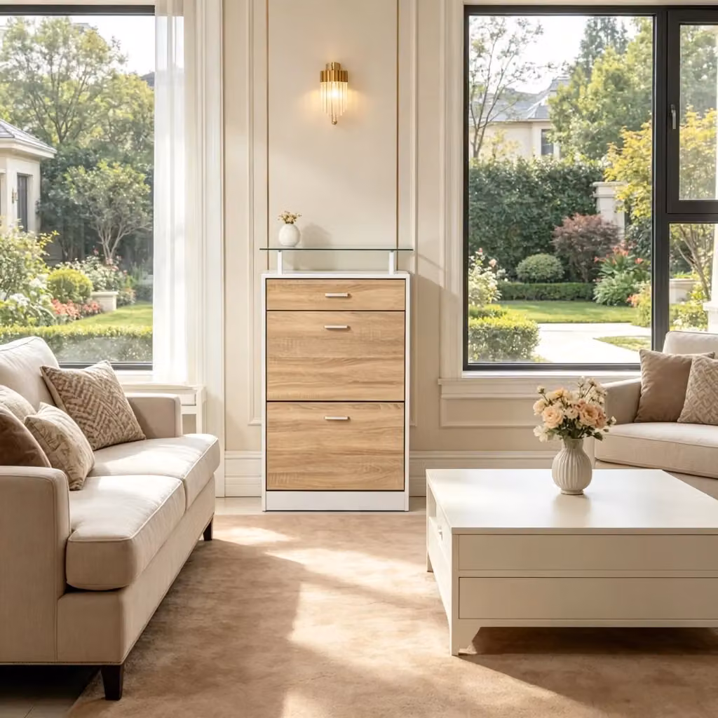 Scarpiera moderna REDOM con ripiani in vetro e ante a battente, Bianco e Beige, L: 60 cm, P: 24 cm, H: 105,5 cm – 2