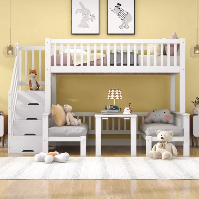 Letto a castello per bambini, 90x200 e 120x200 cm, tavolo multifunzione regolabile, scala contenitore, pino/MDF/compensato, Bianco