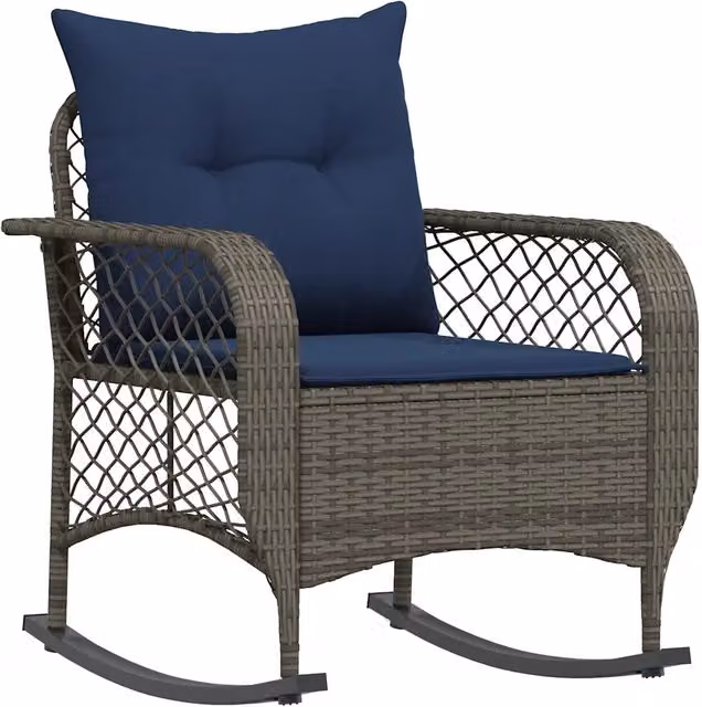 Sedia a Dondolo da Giardino Moderna in Polyrattan Grigio con Cuscini Blu e Resistente ai Raggi UV – 1