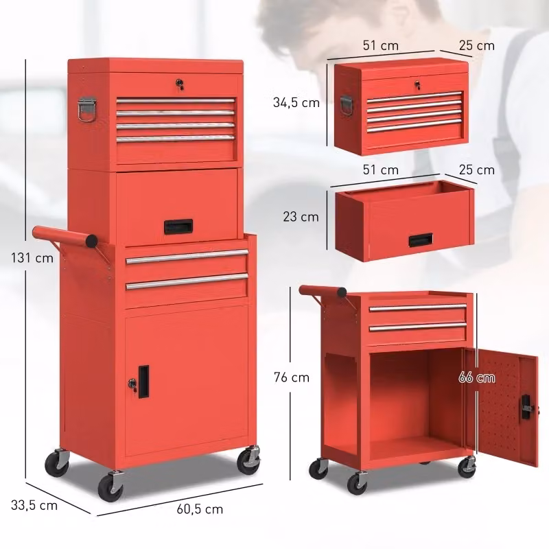 Carrello portautensili WISHDOR in acciaio rosso con 6 cassetti, 2 armadietti, parete forata e sistema di chiusura, L/P/H: 131,0 x 100,0 x 60,5 cm – 2