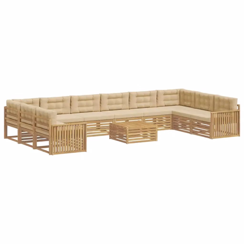 Set di divani da giardino a L con tavolo da caffè vidaXL in legno di acacia marrone e beige con cuscini inclusi – 2