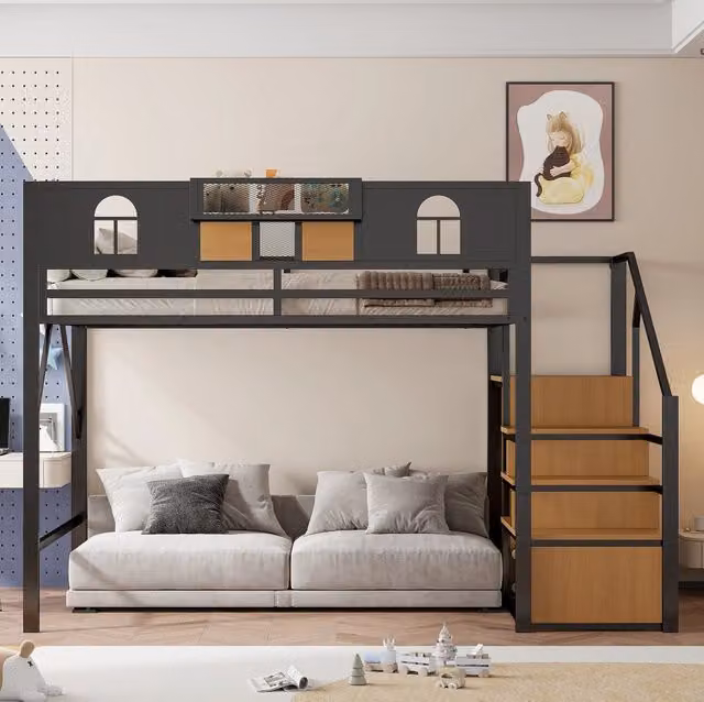 Letto a soppalco ULEVR 140x200 cm in metallo nero con scala contenitore, ripiano integrato e spazio inferiore aperto