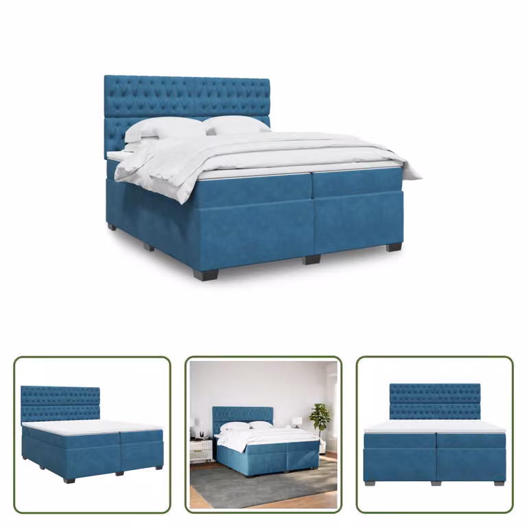 The Living Store Letto a molle con materasso blu 200x200 cm in velluto