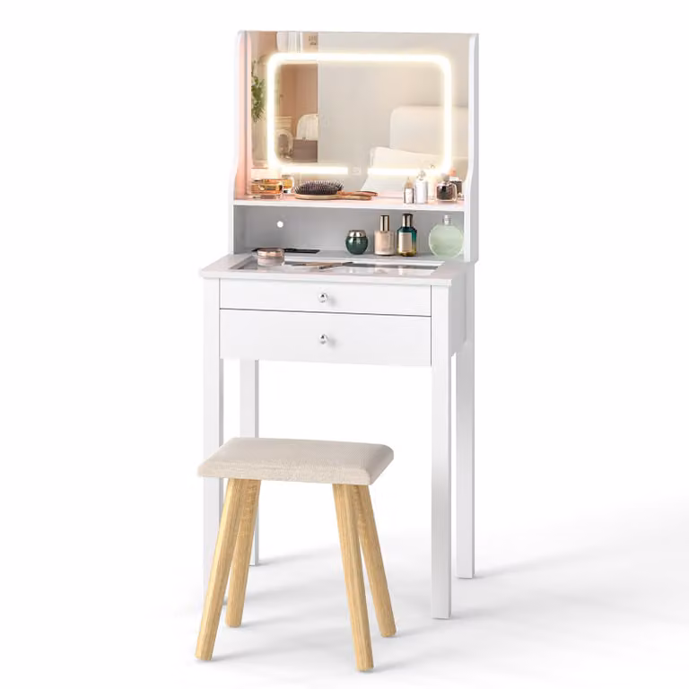 COSTWAY Tavolo da trucco, tavolino da toeletta con illuminazione a LED, sgabello, ripiano in vetro, prese elettriche, cassetti e ripiano, specchio da toeletta, 60 x 40 x 132 cm, bianco