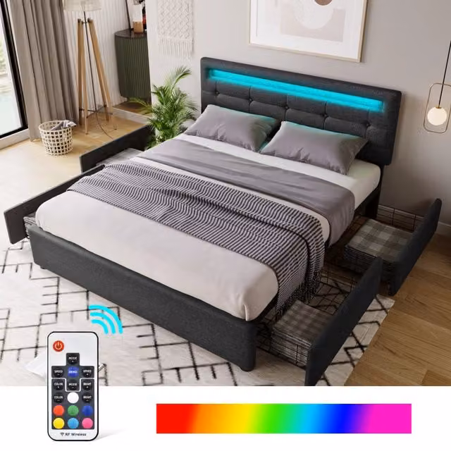 Letto matrimoniale OKWISH moderno con 4 cassetti, illuminazione LED sottostante e testiera regolabile, L/P/H: 140 x 200 x 208 cm, nero e grigio