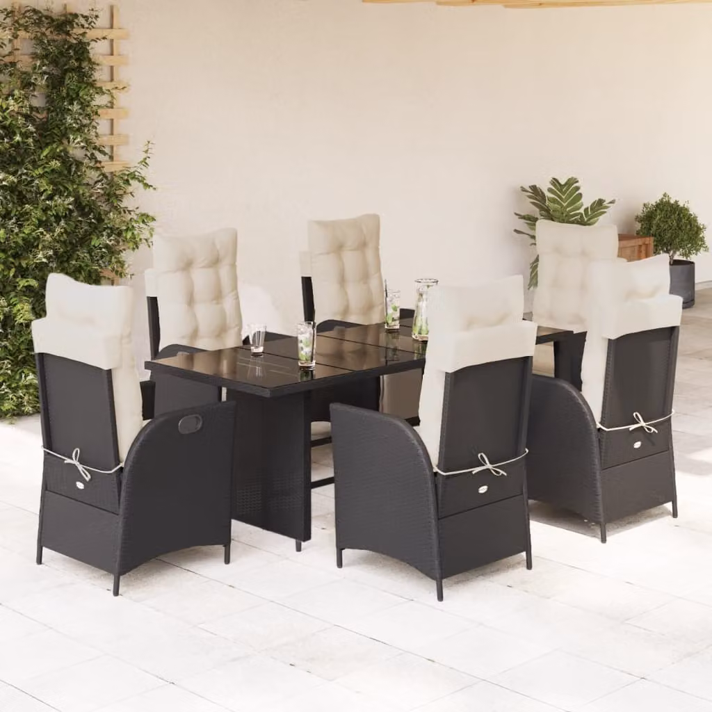 Set da Pranzo da Giardino vidaXL in Polyrattan Nero con Cuscini e Tavolo in Vetro, 7 pz – 1