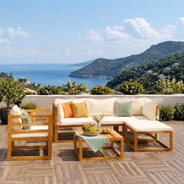 6-piece Garden Lounge Set With Cushions, Cream Solid Acacia Wood