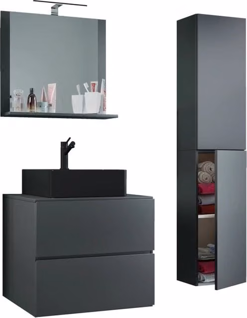 Set da bagno EZOOZA 4 pezzi composto da mobile sospeso con 2 cassetti, lavabo grande in ceramica nera, colonna e specchio, colore Antracite – 1