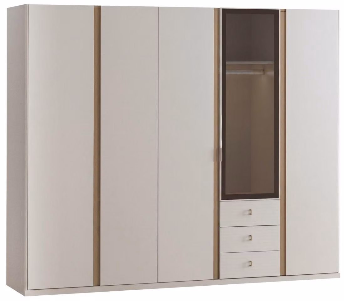 Armadio moderno color beige, in legno, per la camera da letto, con ante in vetro e spazio contenitivo
