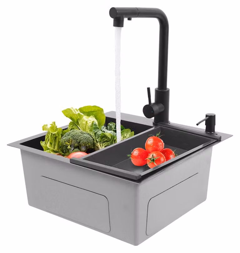 Lavello da incasso con set di rubinetti - Nero, 45 x 45 x 18 cm