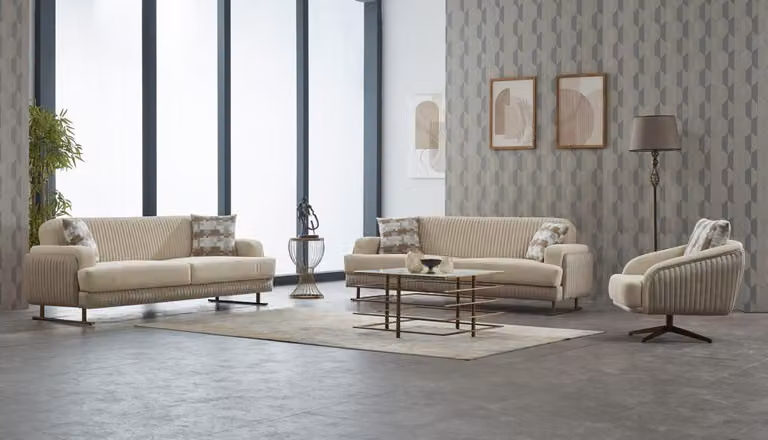 Couchgarnitur Polstersofa Dreisitzer Stoff Beige Set 3tlg Couch Sessel