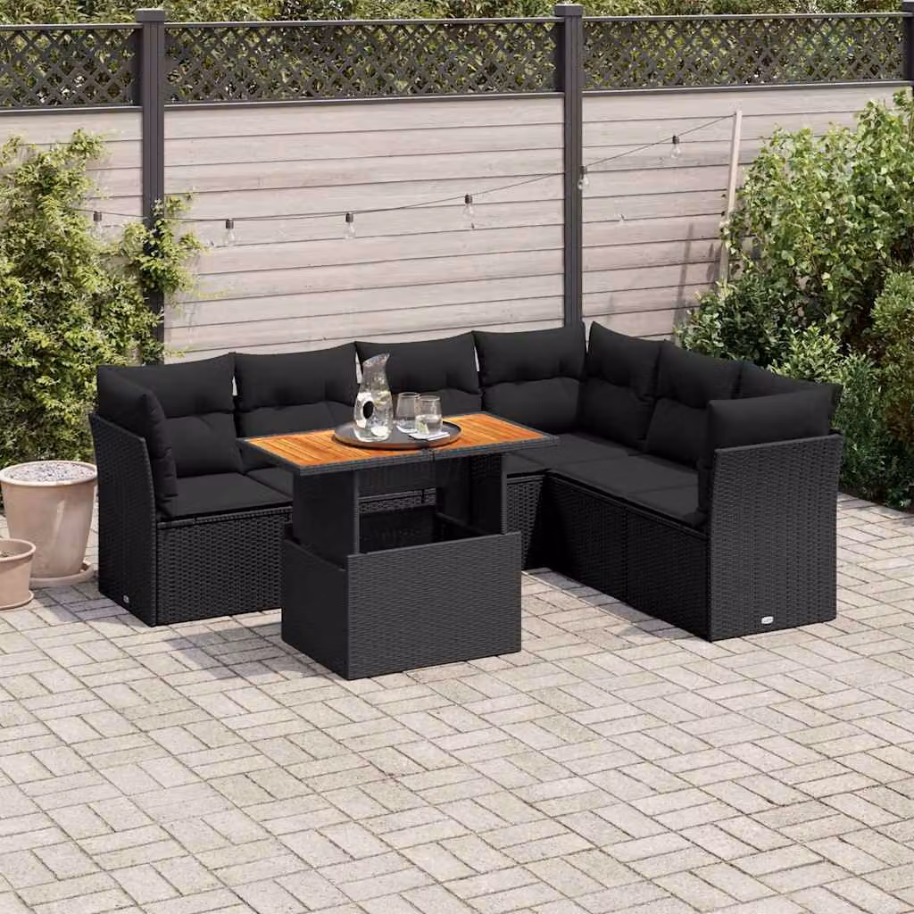 Set Divani da Giardino vidaXL in Polyrattan e Legno di Acacia Oliato con 7 Cuscini Nero