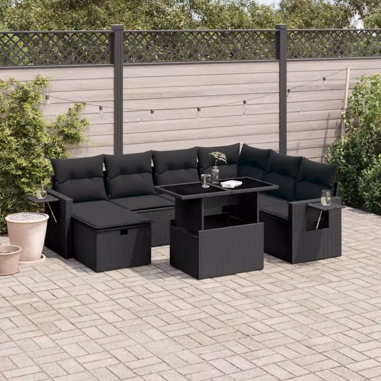 Set Divani da Giardino a L vidaXL in Polyrattan Nero con 8 Cuscini e Tavolino da Esterno
