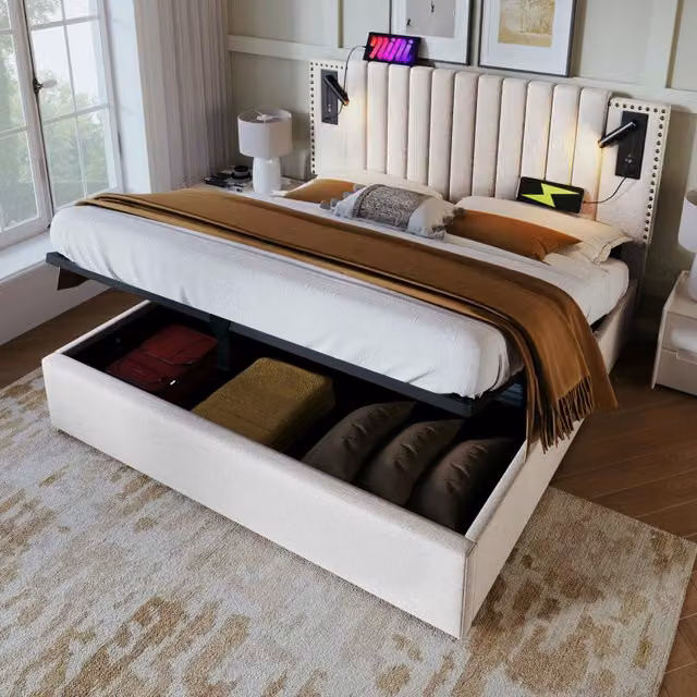 Letto Contenitore REDOM Beige con Luce di Lettura e Porta USB L/P/H: 140 x 200 x 47 cm – 1