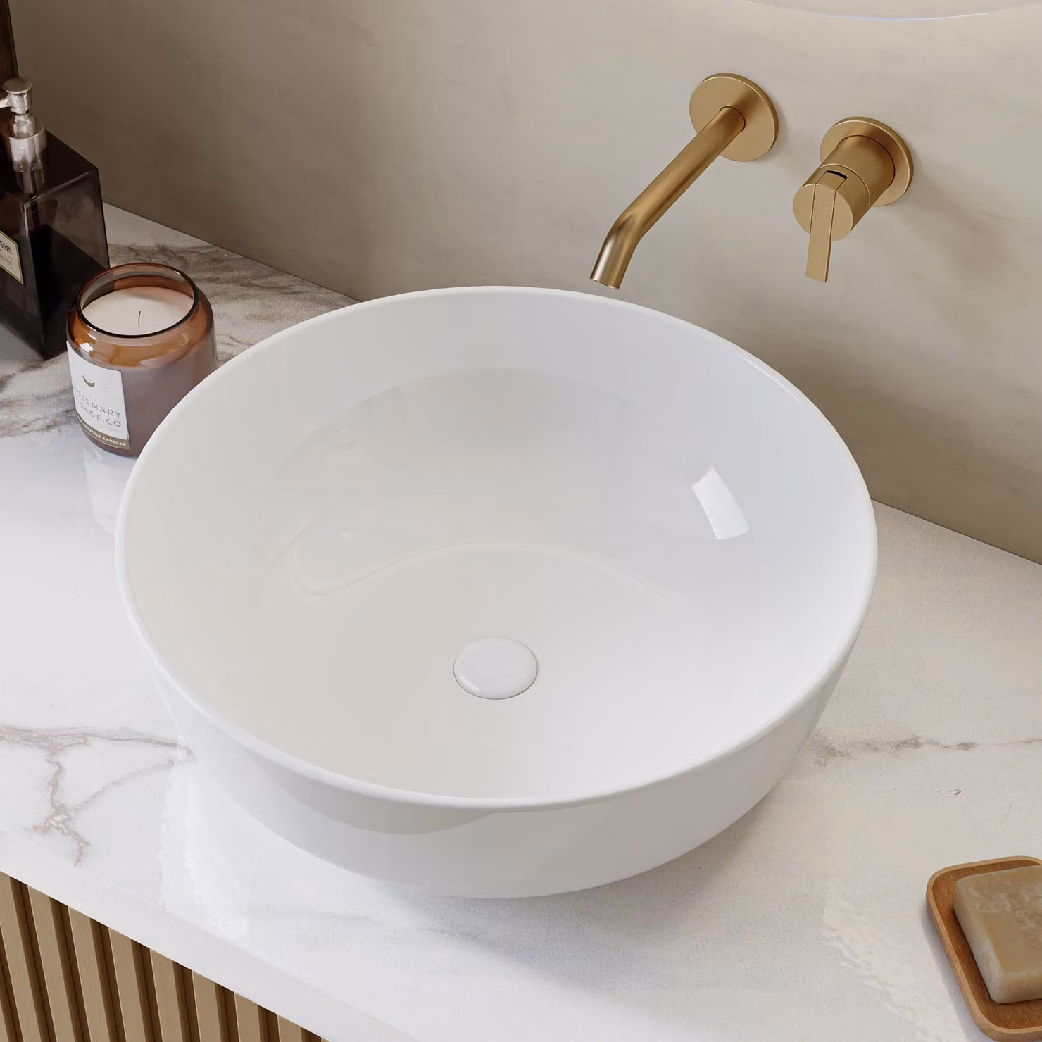 HOROW Lavabo da appoggio Lavabo rotondo 41,5 cm Lavabo lucido bianco Lavabo a mano per bagno WC ospiti - bordo ultrasottile